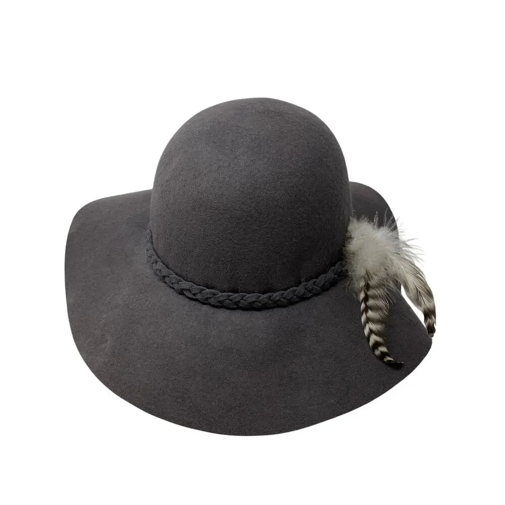 Forever 21 Wool Felt Cloche Hat Gray Feather Accent Wide Brim One Size Womens